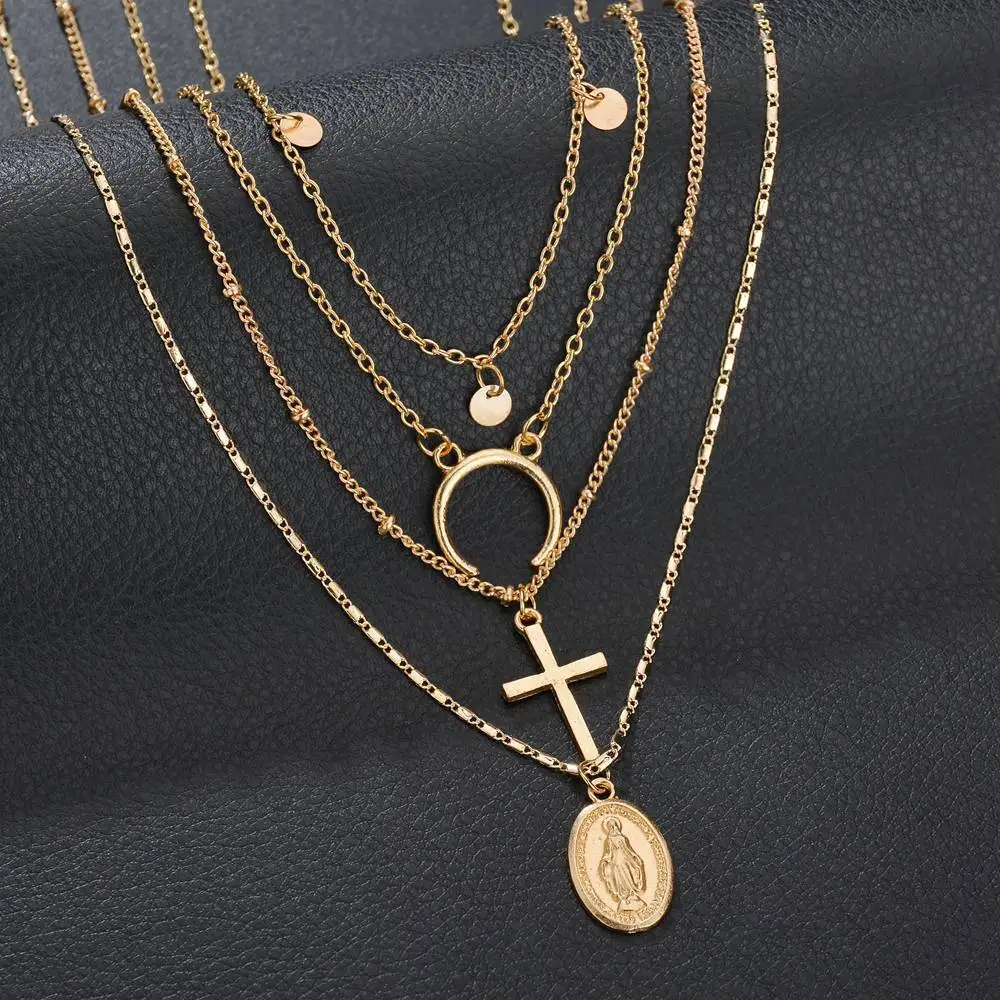 

Europe And America Multilayer Retro Necklace Jesus Cross Crescent Wafer Metal Pendant Necklace