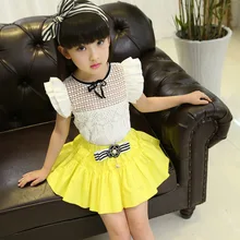 Шифоновые наборы для девочек-подростков г. Летняя новая брендовая одежда для девочек белая футболка с короткими рукавами и рисунком+ платье с вуалью детская одежда из 2 предметов