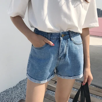 

Solid Straight Women Denim Shorts Casual Korean Pockets Sweet Female Shorts Summer Mujer Empire Button Fly Mini Jeans Shorts