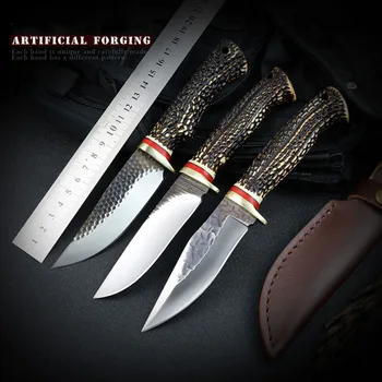 

New imitation deer horn handle 7CR17MOV forge camping straight blade outdoor survival Tactical hunting Knives Leather Sheath