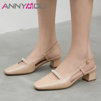 

ANNYMOLI Woman Slingbacks Shoes Natural Genuine Leather Med Heels Pearl Thick Heel Pumps Square Toe Female Footwear Beige 33-40