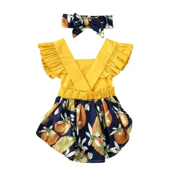 

2020 Baby Girl Romper Dress Bodysuits Summer Baby Girl Flare Sleeve Flower Rompers Dress Jumpsuit Dresses + Headband Setfm