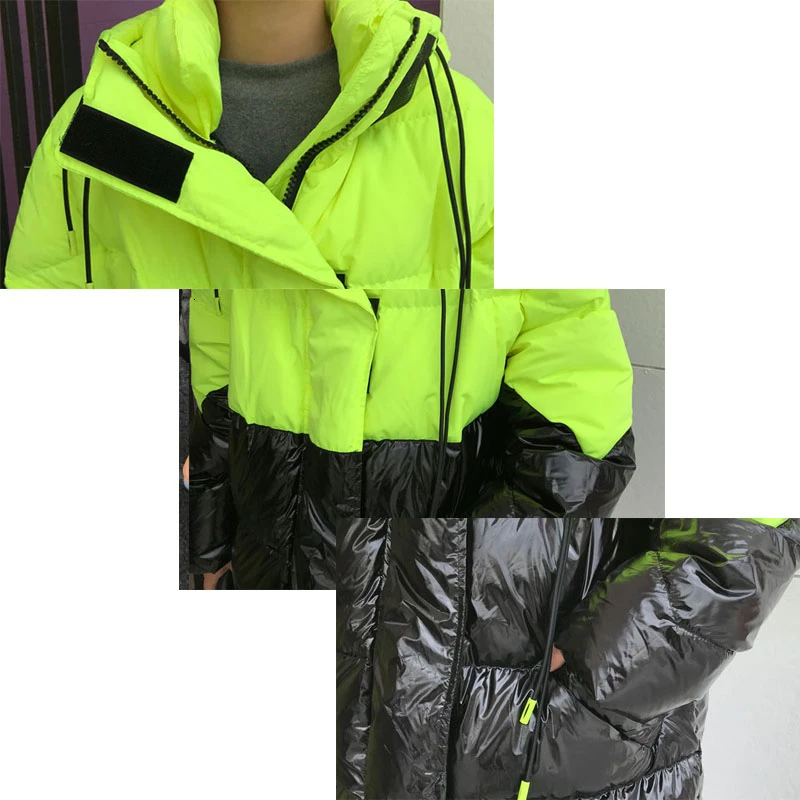 Высококачественная женская зимняя куртка, пальто, женская парка, Теплые Топы, куртки с капюшоном, уличная яркая флуоресцентная зеленая верхняя одежда MY206