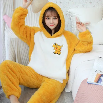 

Winter Pijama Women Thicken Cartoon Cute Pajama Set Warm Hooded Sleepwear Pyjamas Femme Two-piece Nightwear Pijamas