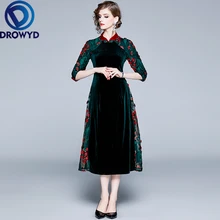 DROWYD queen/блестящее бархатное платье миди с вышивкой для женщин; модное зеленое платье в стиле бохо с цветочным принтом; элегантные вечерние платья Vestidos