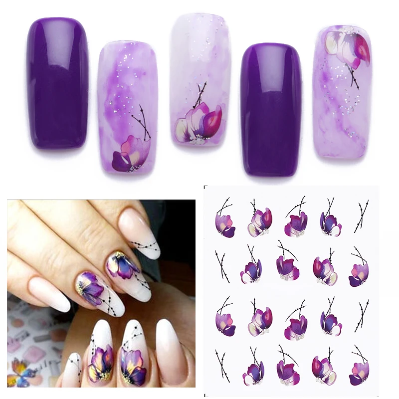 Фиолетовый цветочный дизайн ногтей Водные Наклейки цветок Роза геометрическая фигура лист дизайн ногтей перевод рисунка наклейки украшения дизайн наклейки