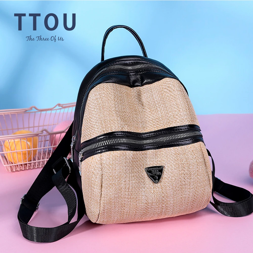 

TTOU Straw&Pu Leather Patchwork Women Backpack Fashion Female school Bag Rucksack Design Ladies Travel Mini Backpack mochila