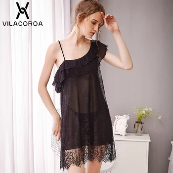 

Sexy Lace Sleeveless Nightdress Women Black See Through Mesh Nightwear Red Sling Nightgown Solid Color Home Nightdress Female