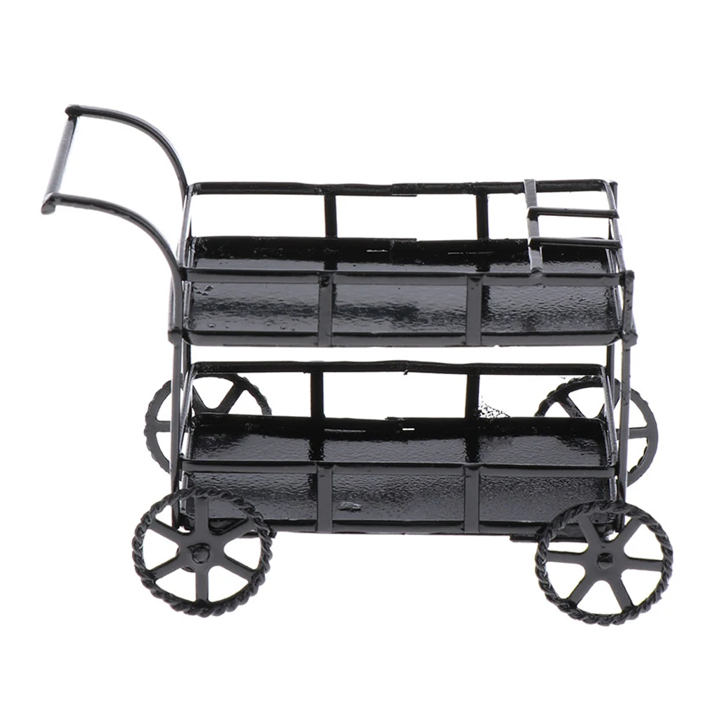 Miniature Metal Serving Cart Black Mini Kitchen Cart with Wheel for 1/12 Mini Dollhouse Accessory, Dining Room, Restaurant Decor