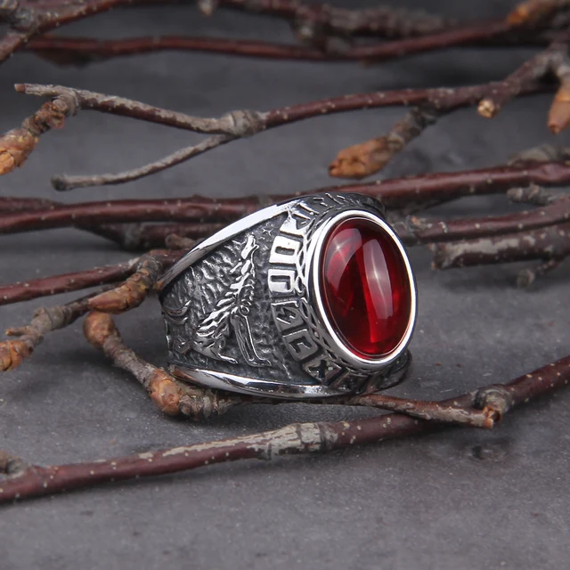 Stainless Steel Viking Raven Wolf Ring with Red Stone for Men Gift - Image 2
