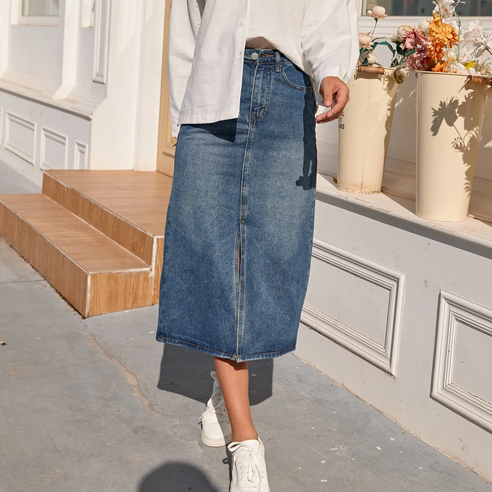 ZHISILAO New High Waist Straight Denim Skirt Women Vintage Split Fork Blue Long Bodycon Pencil Jean Skirt