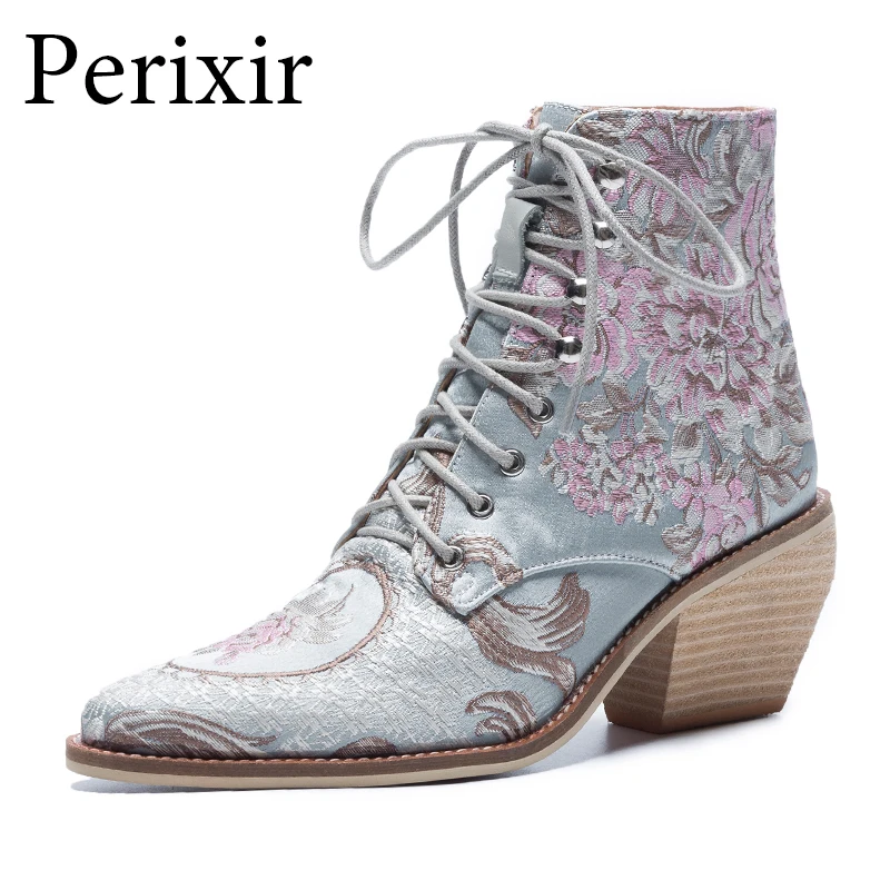 

Boots Women Pointed Toe Embroidery Flower Boots Chunky High Heel Silk Ankle Boots Motorcycle Boots Botines Luxury Botas Mujer