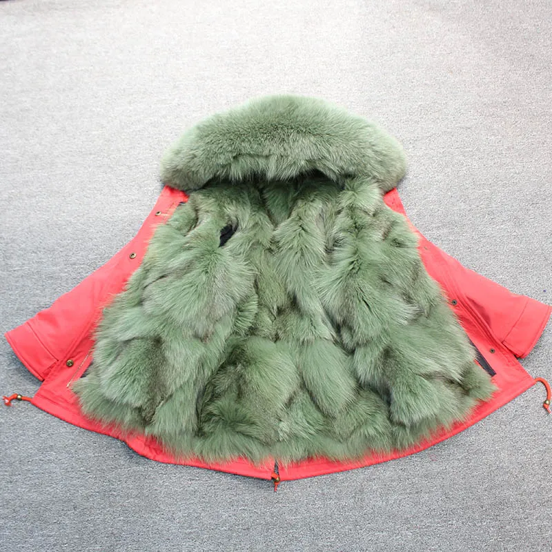 red green fur Парки с натуральным лисьим мехом; куртка для маленьких мальчиков и девочек; ветровка для маленьких девочек; зимняя одежда с капюшоном; детская верхняя одежда; пальто - Цвет: red green fur
