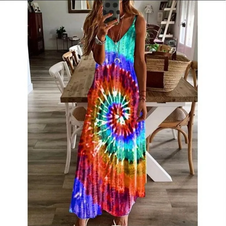 

2020 Hot Selling Summer Dress 7 Color Vortex Strap Loose Printed Large Dress