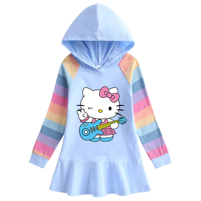 thumbnail image 1 of Hello Kitty-vestido de algodón con dibujos de arcoíris para niñas, suéter con capucha de manga larga, falda de princesa, ropa para niños, primavera y otoño, 1 of 4