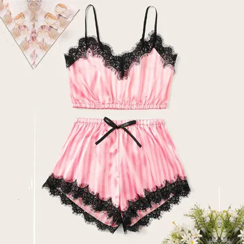 

New Women pyjama femme Women V-Neck Silk Lace Satin Striped Camisole Pajamas Sexy Lingerie Sleepwear Shorts Set pijama mujer