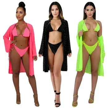 

Summer 2020 , European And American Sexy Stitching Solid Color Women's Sequin Blouse, Swimsuit Set, Three-Piece