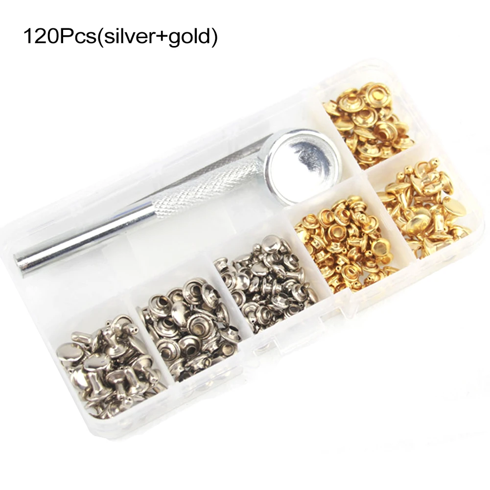

120pcs Rivets Rivet Buttons Storage Box 3 Sizes Double Cap Leather Silver And Gold Portable With Setting Tool Kit