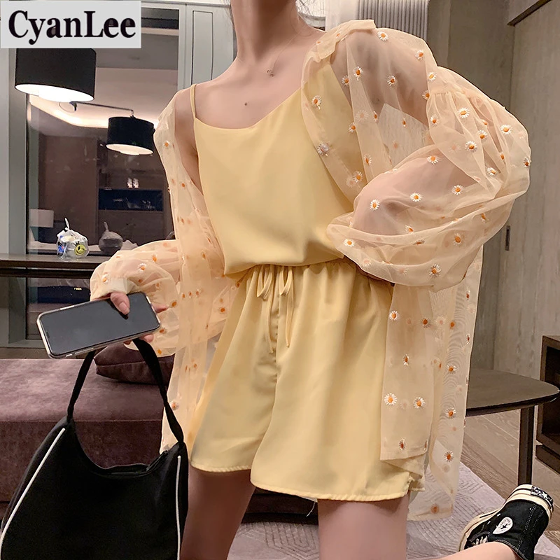 Летний женский комплект из 3 предметов Cyanlee повседневный топ и шорты сетчатый
