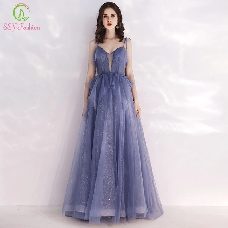 Женское вечернее платье со шлейфом SSYFashion длинное блестящее серого и синего цвета