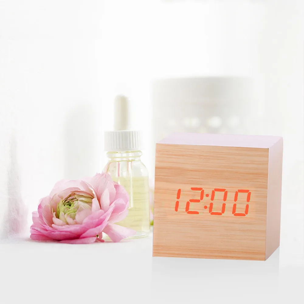 Многоцветные деревянные часы с управлением звуками, современный деревянный цифровой светодиодный Настольный будильник с термометром, таймер, календарь, настольный декор