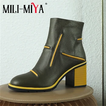 

MILI-MIYA Fashion Square Heels Women Cow Leather Boots Slip-On Round Toe Mixed Color Motorcycle Footwear Size 34-39 Handmade