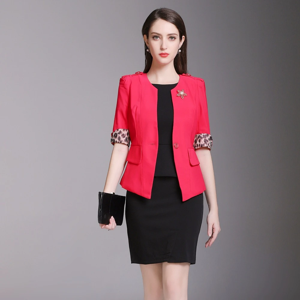 con traje para retales de leopardo elegantes, chaqueta roja ajustada, vestido negro, conjunto de 2 piezas, Primavera, 2020|Trajes de AliExpress