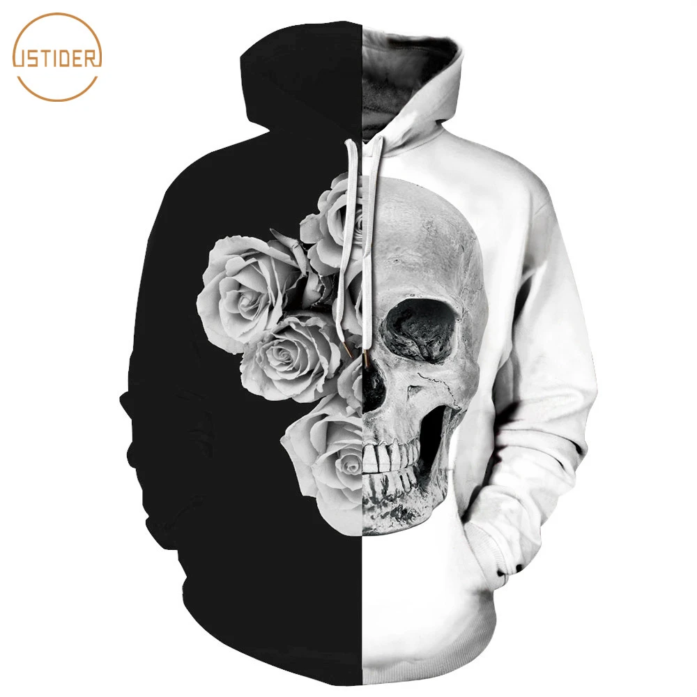 ISTider, nuevas con capucha blancas y negras para hombres mujeres, sudaderas con capucha estampado de Rosa en 3D calavera para Halloween, ropa informal estilo Hip Hop Unisex, sudaderas|Sudaderas con capucha