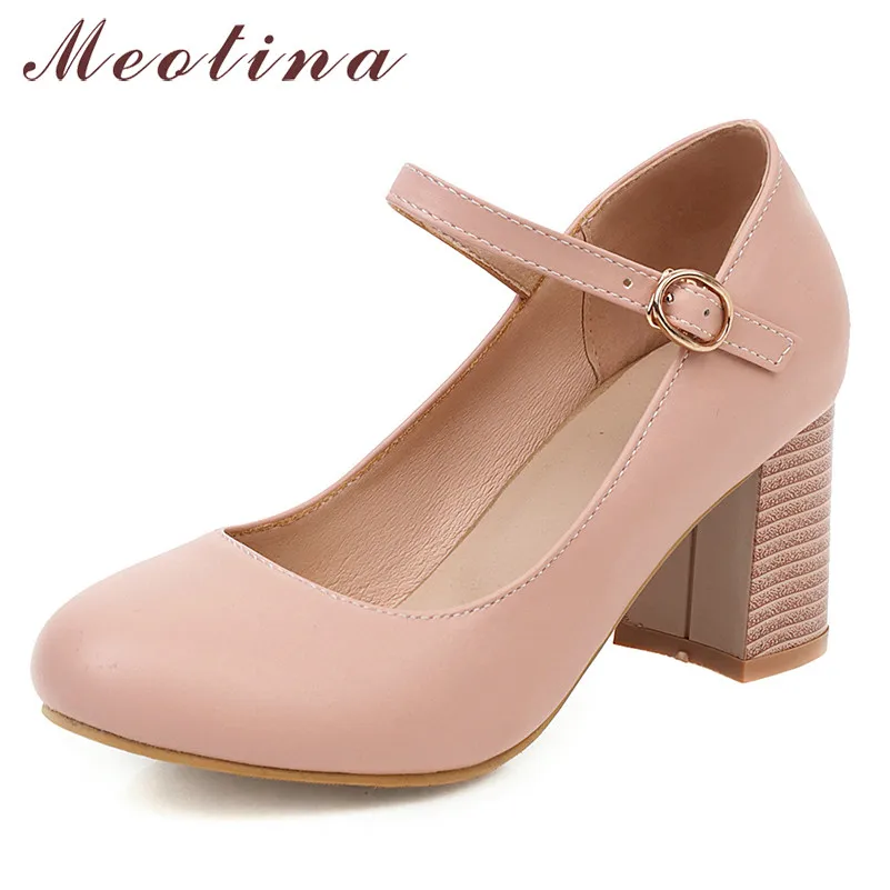 

Meotina High Heels Women Shoes Buckle Thick High Heels Mary Janes Shoes Elegant Shallow Round Toe Pumps Lady Spring Plus Size 46
