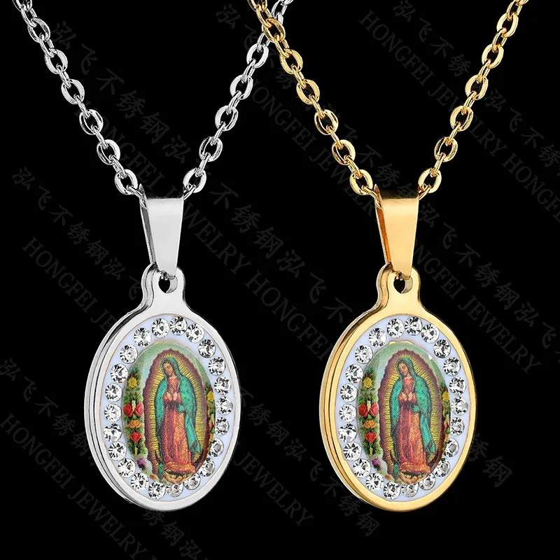 

Virgin Mary Pattern Oval Stainless Steel Pendant Chain with Crystal Zircon Inlaid Exquisite Female Accessories Necklace Gift