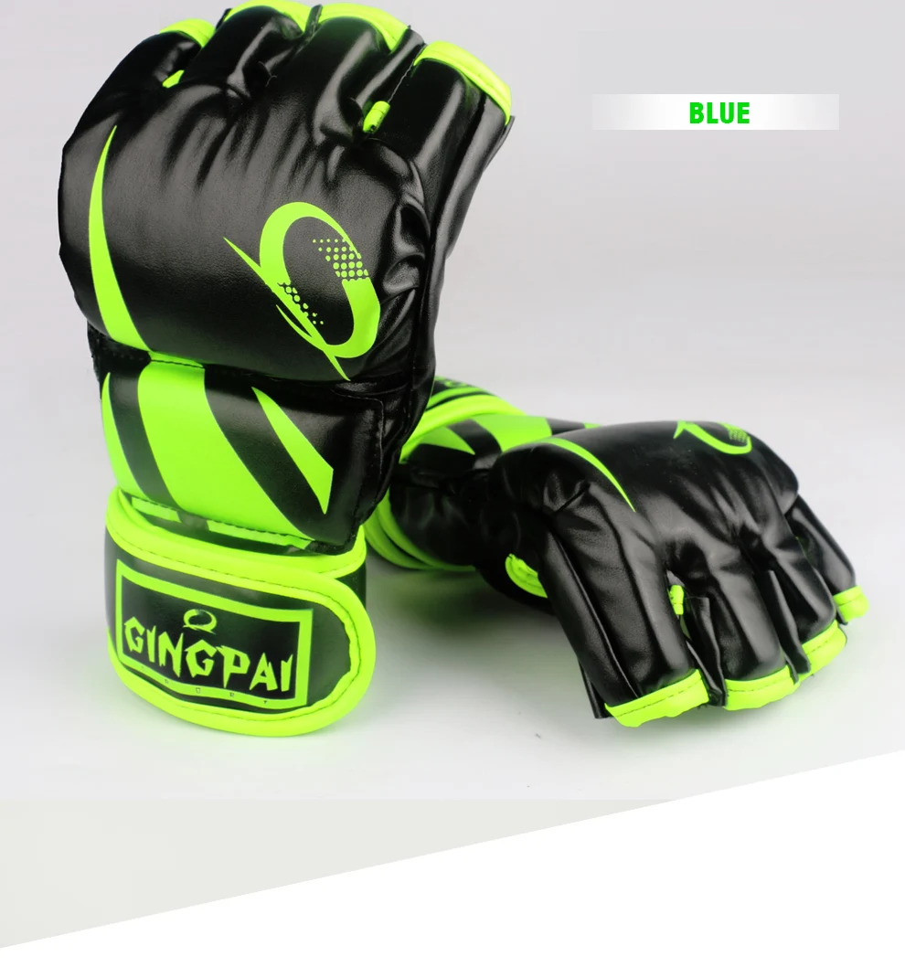 GINGPAI-guantes de boxeo MMA para hombre, manoplas de medio dedo para entrenamiento, Sanda, Muay Thai, para lucha, Taekwondo, Material de PU