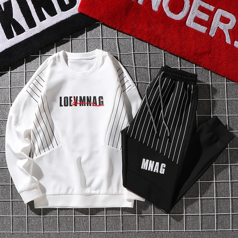 

Autumn Men Long-sleeved Sweater Sports Set Youth Printed Three Bars Two-Piece Set Handsome Men's Casual MEN'S Suit