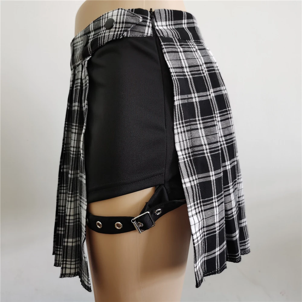 Pleated Girls Gothic Half Skirts Summer Harajuku Punk Style Plaid Irregular Skirts Women Asymmetrical High Waist Black Skirts plaid skirt