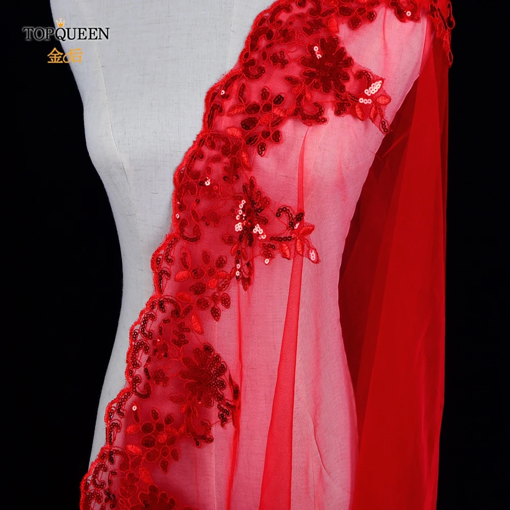 TOPQUEEN-velo de la Catedral de la novia, bordado de encaje rojo, apliques, accesorios para el cabello, Hijab rojo chino, V86