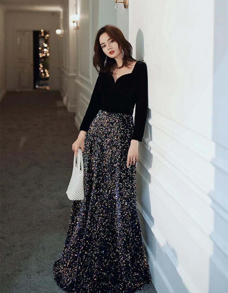 A-line Evening Dresses Long Velour with Sequins Half Sleeves Party Gowns Muslim Abendkleider Robe De Soiree