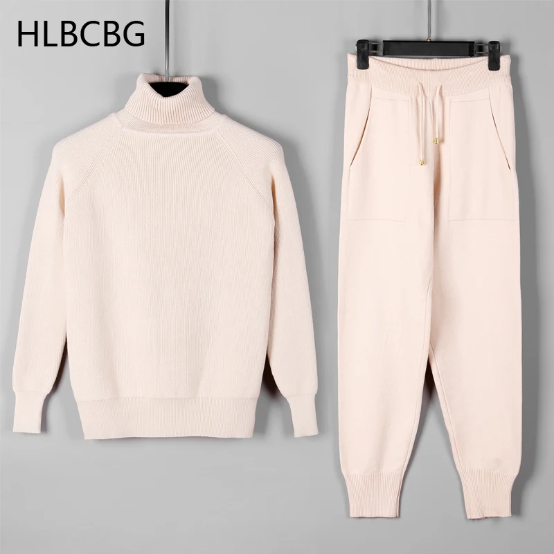 HLBCBG Two Piece Set Women Knit Sport Suits Thick Warm Turtleneck Women Sweater + Drawstring Harem Pants Winter Jogging Outfits pant suit for wedding guest