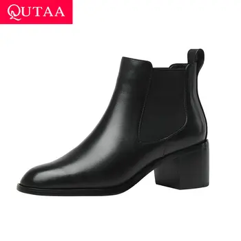 

QUTAA 2021 Fashion Genuine Leather+ PU Leather Square Heel Autumn Black Ankle Boots High Heel Fashion Women Shoes Size 34-39