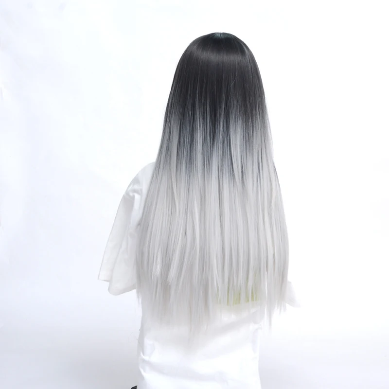 WHIMSICAL W 26 inch Long Straight Black Gray Ombre Wig With Bangs Gray Color Heat Resistant Hair Synthetic Wig for Women