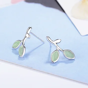 

Cute Simple 925 sterling silver Cat Eye Stone Earrings For Women Small Leaves Stud Earring Silver 925 Jewelry oorbellen