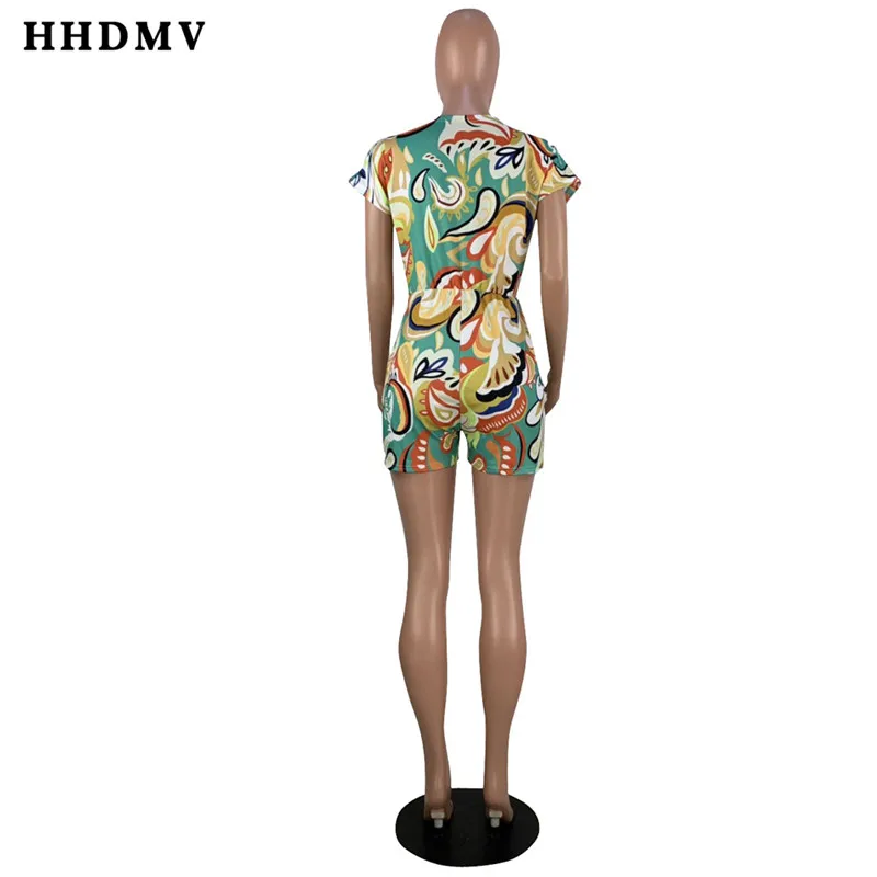HHDMV OX8051 Fashion Women Summer Colorful Print Short Sleeve Playsuit Sexy Club Short Pant Rompers V-neck Jumpsuit
