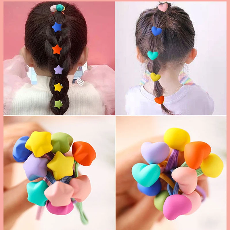 10 pcs Children's Headband Headwear Heart Hair Korean Version Cartoon Girl Rubber Band Sweet Cute Hair Tie Hair Accessories