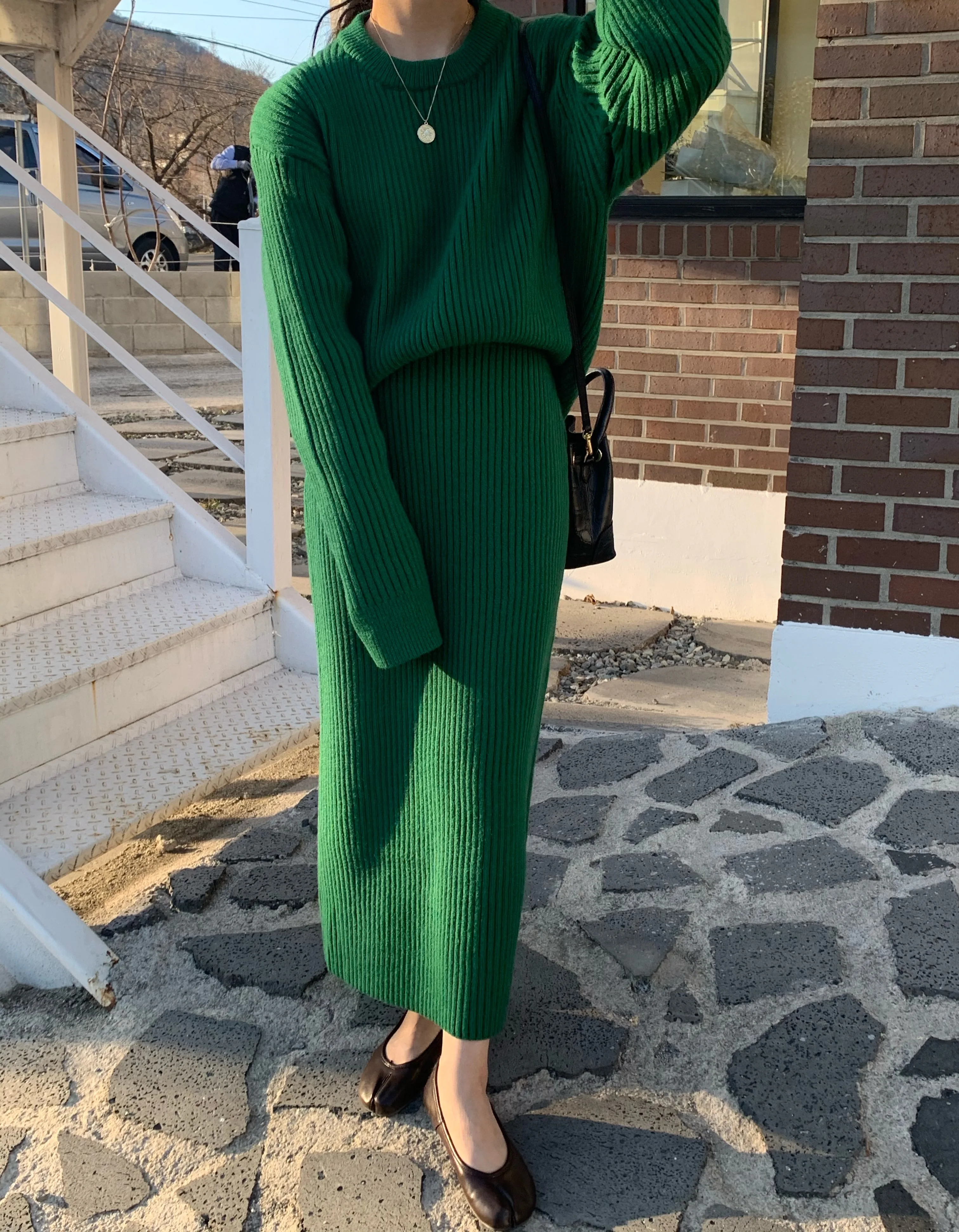 Warm Autumn Winter Two-Piece Set O-Neck Loose Sweater With High Waist Bag Hip Knitted Pencil Skirt Setup Women'S Stripe Outfit |