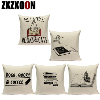 

Book Wine Animals Cat Cushion Cover Cotton Linen Decorative Pillowcase Chair Seat Letter Slang Pillow Cover Home Living Textile