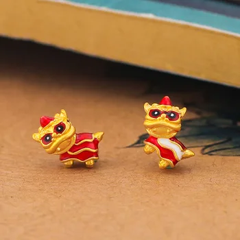 

New 999 Real 24K Yellow Gold Pendant 3D Luck Enamel Lion Bead 0.1-0.2g 7x10mm Small