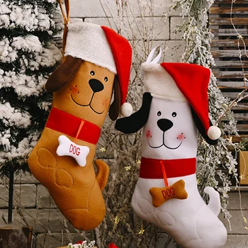 

Cute Dog Christmas Stockings Xmas Gift Bag With Bone Pendant Christmas Tree Decoration Socks New Year Candy Gifts