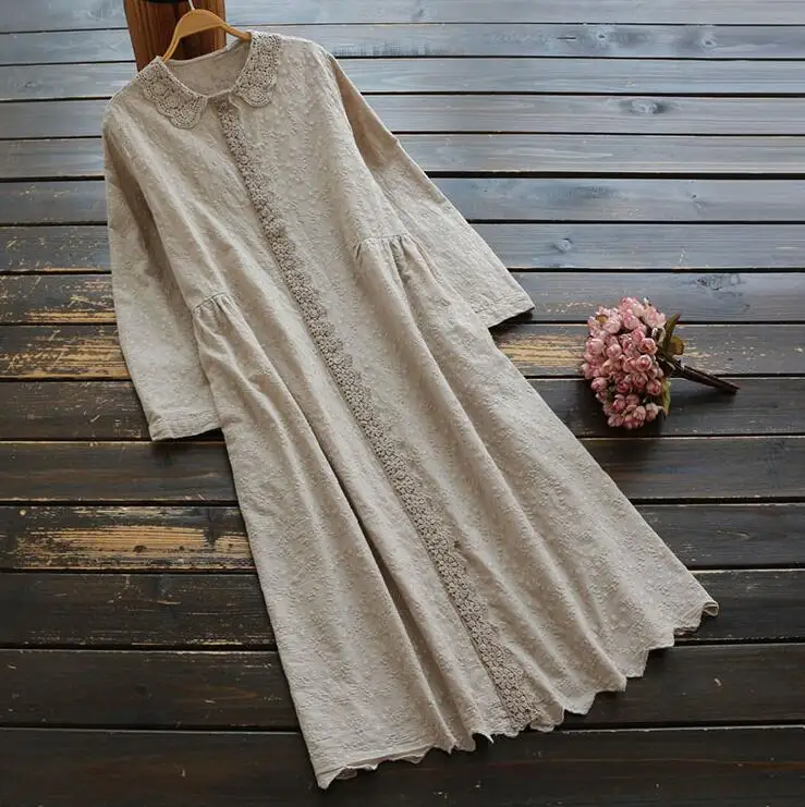 light khaki Туфли в стиле Mori Girl, Винтаж женское платье, хлопковое платье, вышитое кружевное платье с длинным рукавом Осенняя мода свободный халат yoyikamomo - Цвет: light khaki