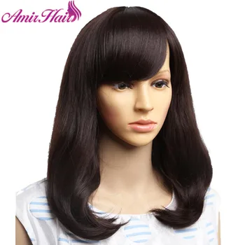 

Amir Black Mixed Brown Short Natural Wavy Synthetic Hair with Bangs Bob Curly Shoulder Length Wig For African American Cosplay