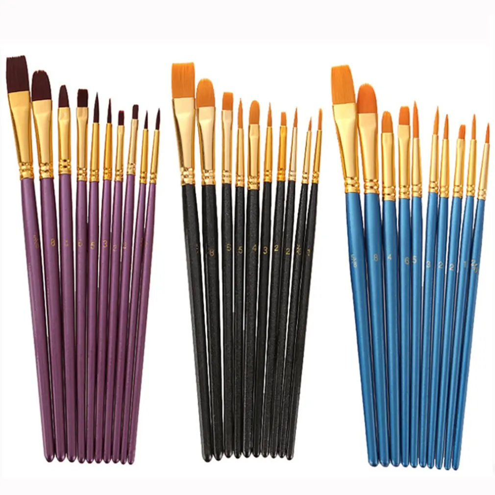 Artist Paint Brush Set 10Pcs High Quality Nylon Hair Wood Black Handle Watercolor Acrylic Oil Brush Painting Art Supplies 10pcs brushes wood handle sponge brush for diy crafts staining varnishes painting acrylics oil watercolor drawing