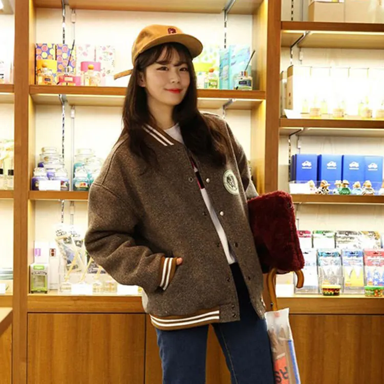 

2019 Autumn & Winter New Style CHIC Baseball Uniform Women's Short Woolen Jacket Korean-style Students Loose Thick Coat BF
