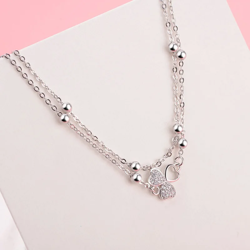 

YSH new 100% 925 sterling silver inlaid zircon round beads three leaf anklets 2020 woman fashion DIY jewelry gifts free shipping